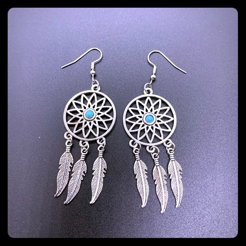 Silvertone feathered Dreamcatcher earrings